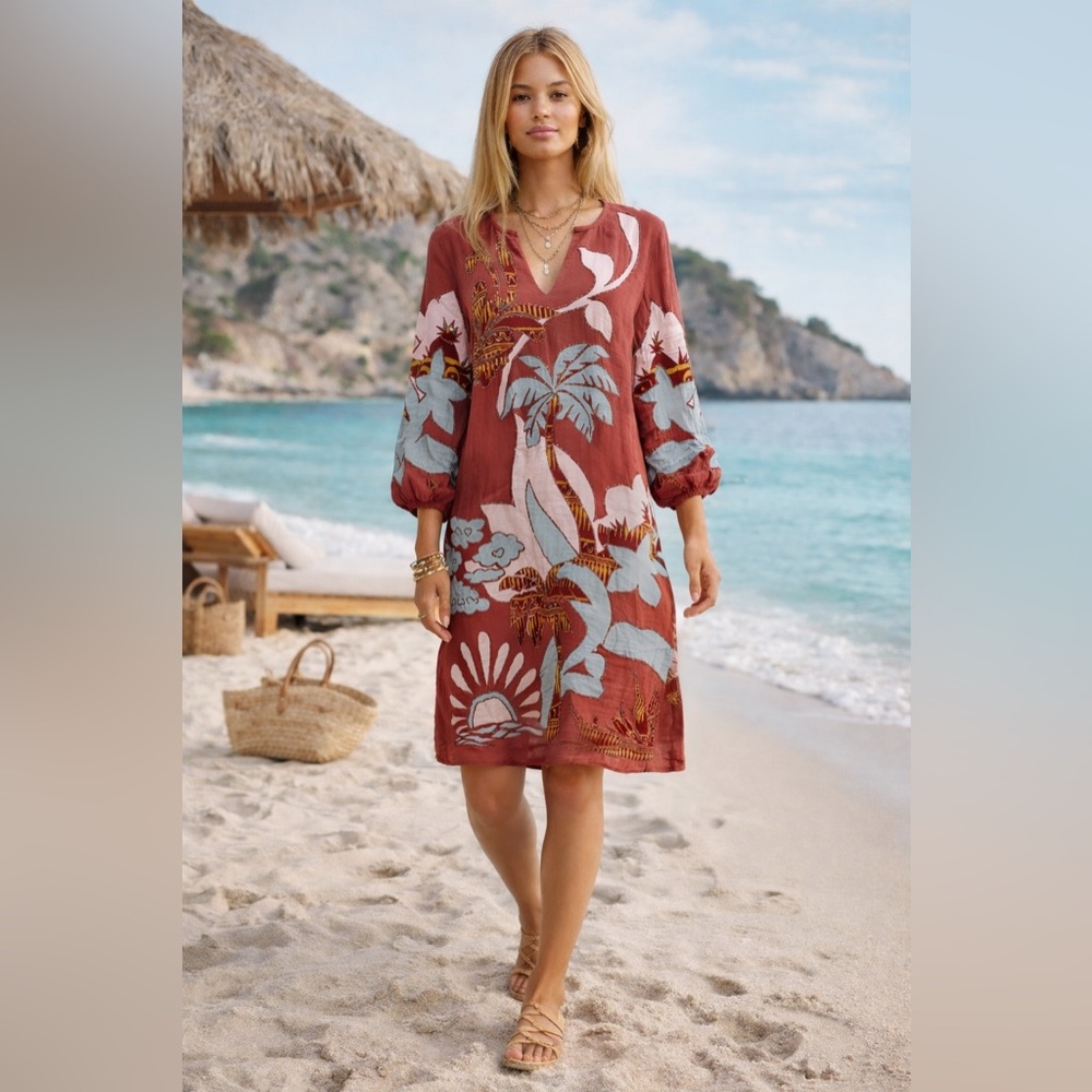 Soft Surroundings Tierra Gauze Burnt Orange Beaded Tropical Caftan Dress Small